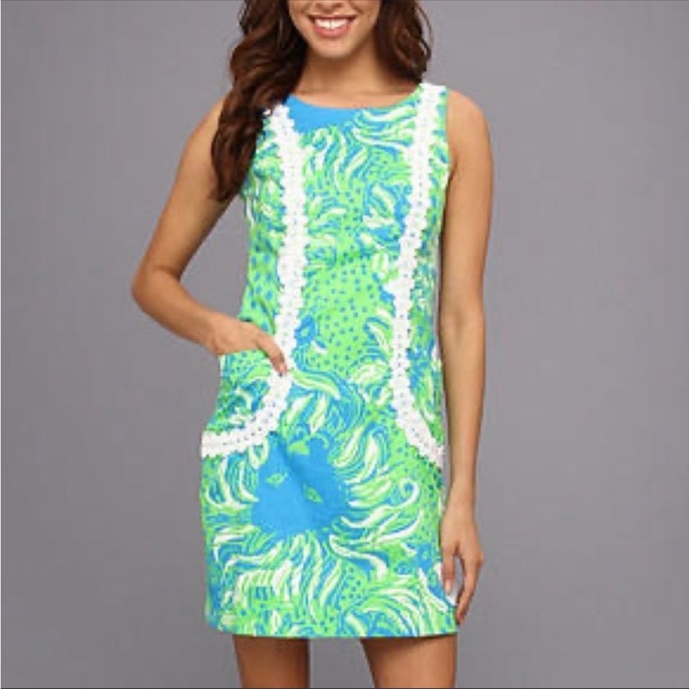 Lilly Pulitzer Roar of Jungle Liz Shift Dress Cotton Blue Green Women's‎ Sz 4